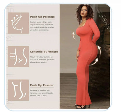 Robe longue moulante avec gaine intégrée. Manches Longues.
