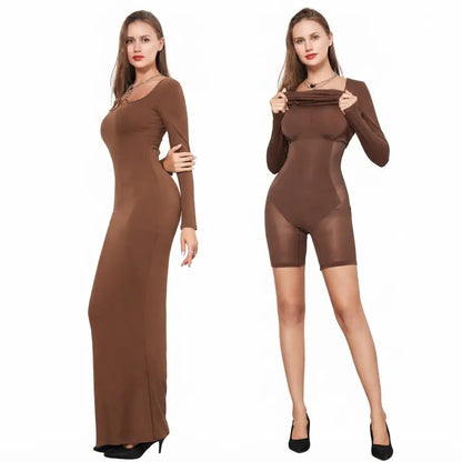 Robe longue moulante avec gaine intégrée. Manches Longues.