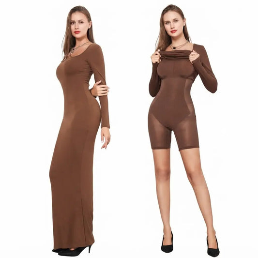 Robe longue moulante avec gaine intégrée. Manches Longues.