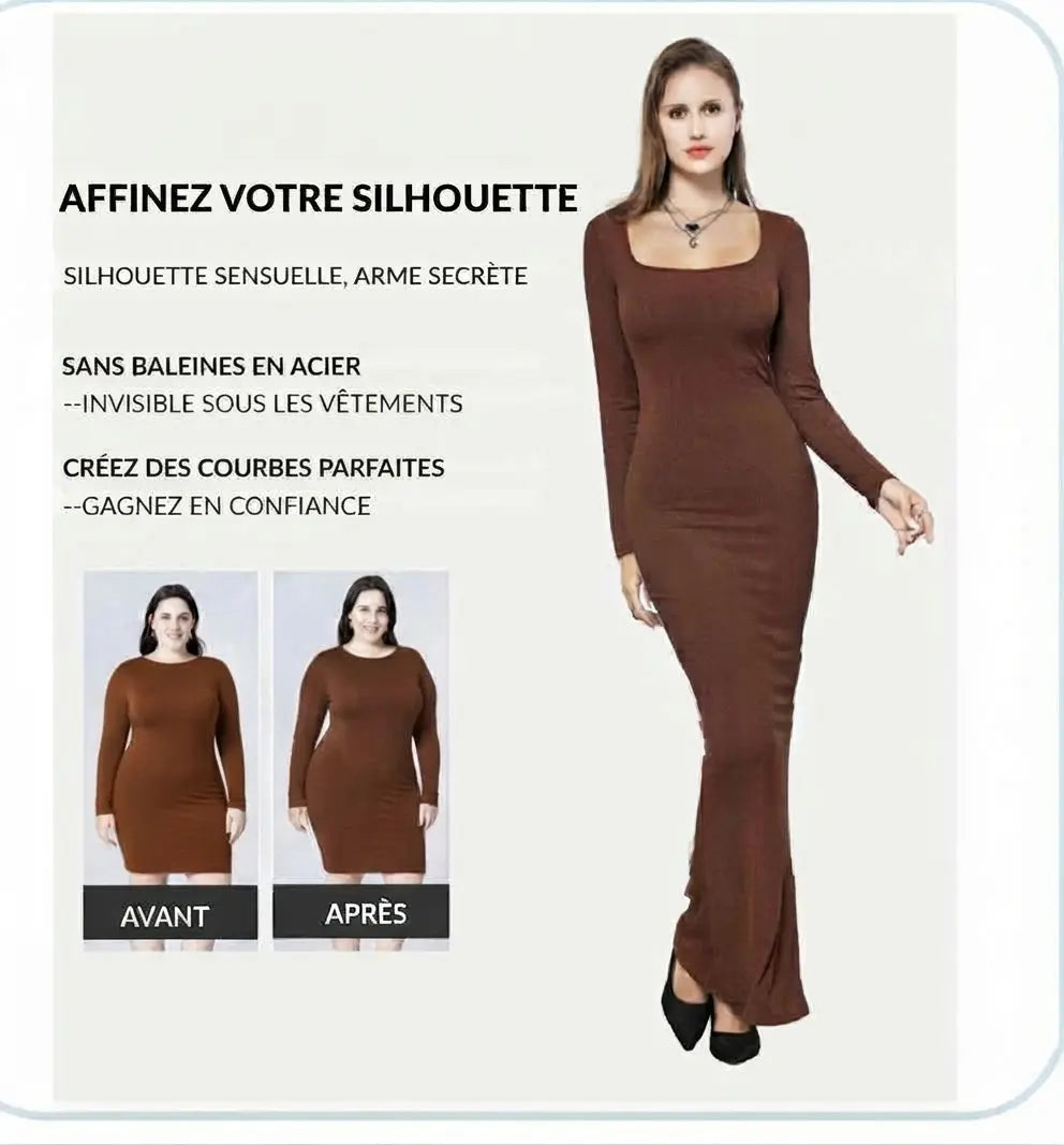 Robe longue moulante avec gaine intégrée. Manches Longues.