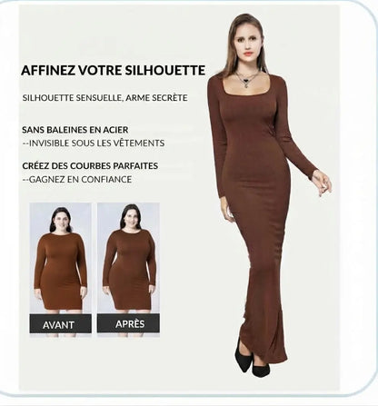 Robe longue moulante avec gaine intégrée. Manches Longues.