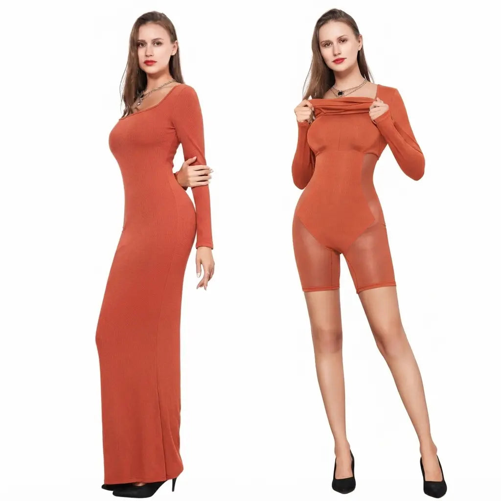 Robe longue moulante avec gaine intégrée. Manches Longues.