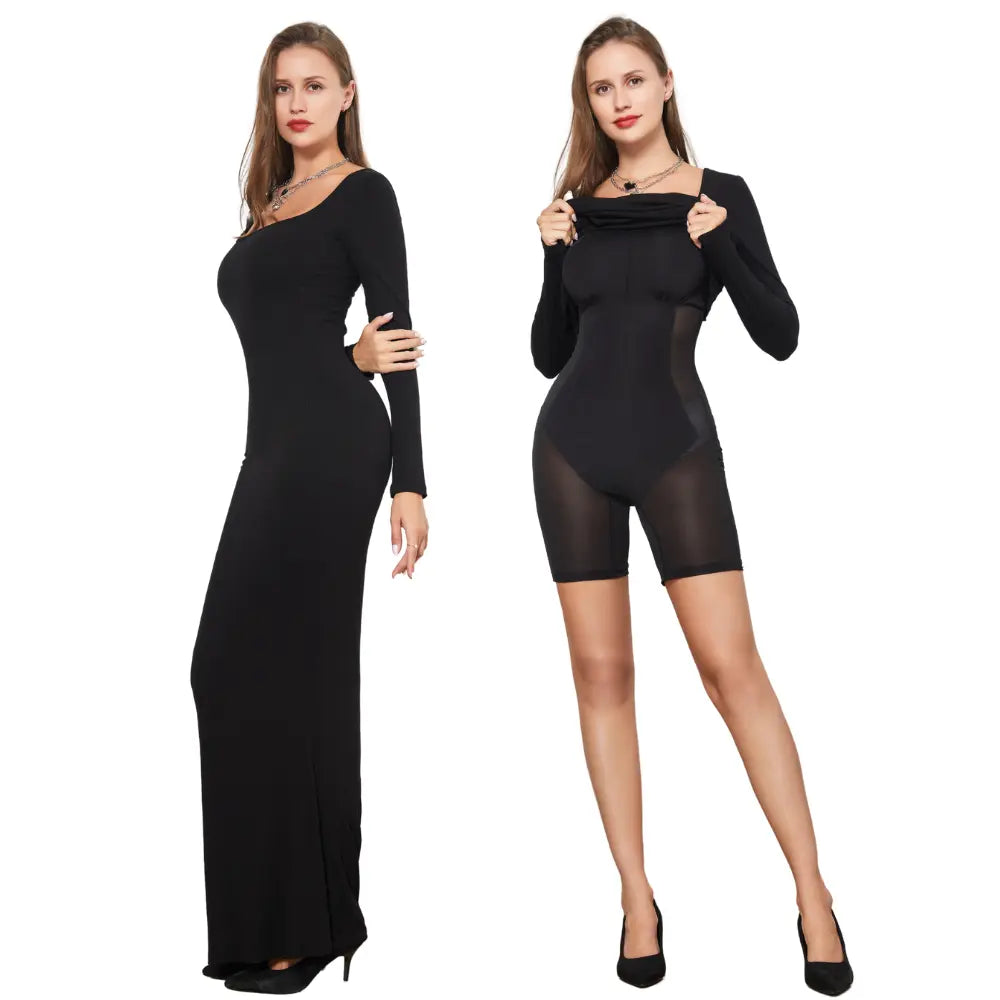 Robe longue moulante avec gaine intégrée. Manches Longues.