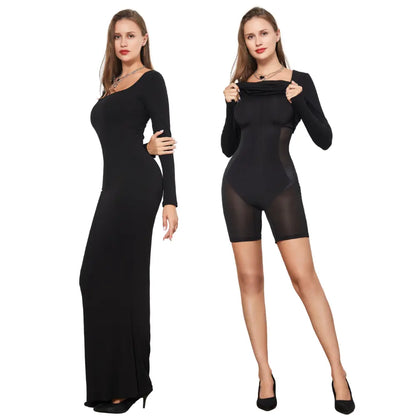 Robe longue moulante avec gaine intégrée. Manches Longues.