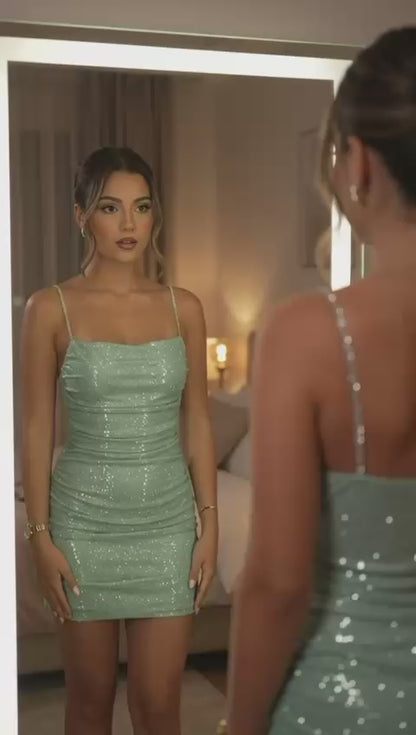 Robe de soirée scintillante à bretelles strass - Mini robe moulante